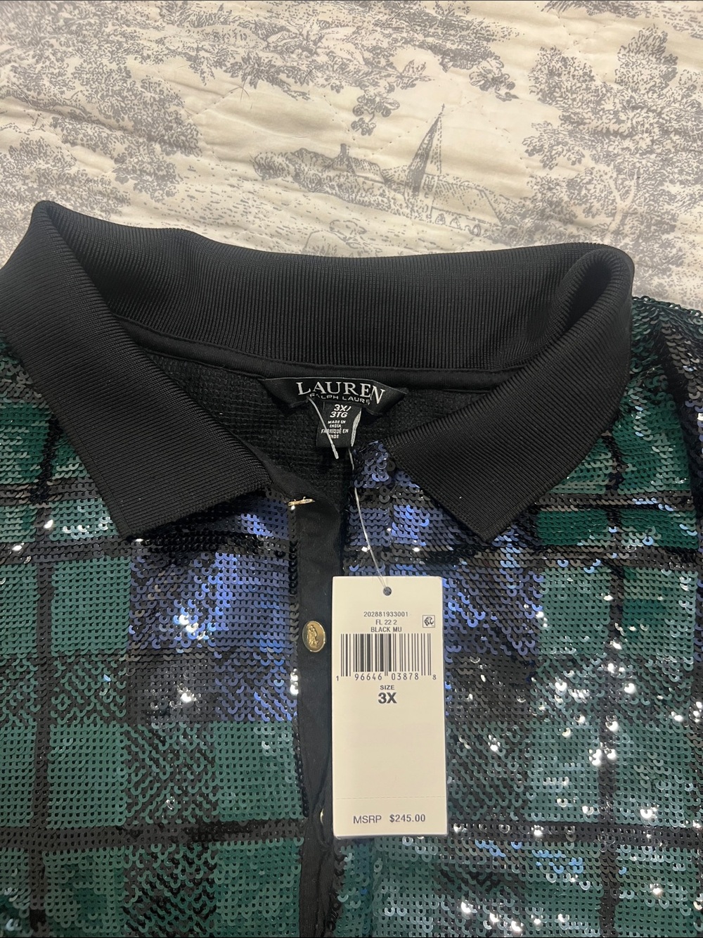 Lauren Ralph Lauren Sequin Plaid Polo in Green, Blue & Black - Picture 2 of 3